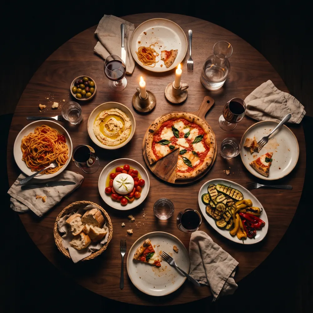 Eine runde, gedeckte Tafel von oben: Pizza, Pasta, Burrata, Brot und Kerzen.